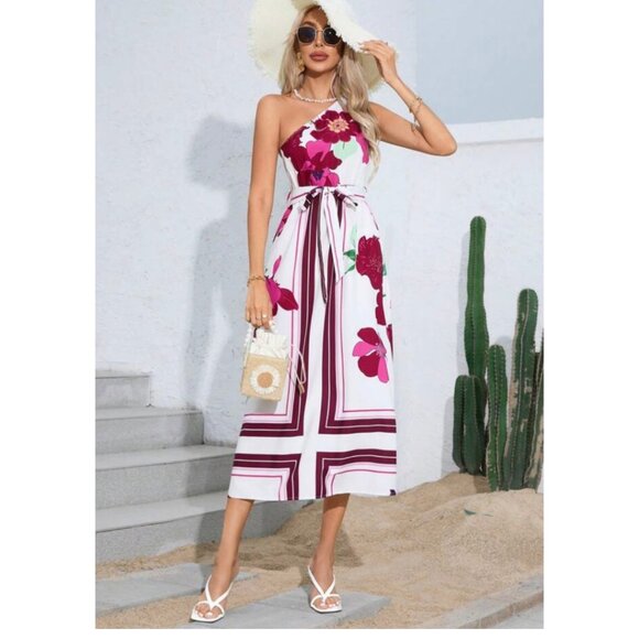 One Shoulder Large Floral Print Midi Dress LARGE NIB - Picture 1 of 9